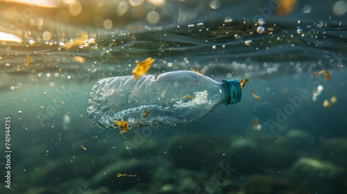 A lone plastic bottle floats among the fluid waves, its surface reflecting the tranquil beauty of an underwater aquarium