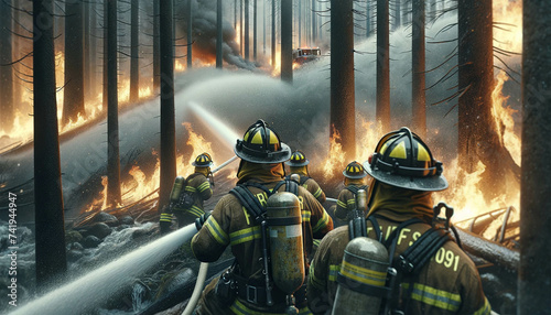 Firefighters battle burning forests. Firefighters extinguish a burning forest.