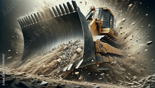 A bulldozer clears the rubble. A bulldozer works at a construction site.