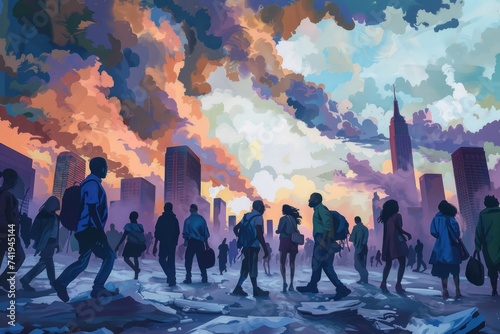 A diverse group of people is standing in front of a vibrant cityscape, symbolizing hope and resilience in the post-pandemic world