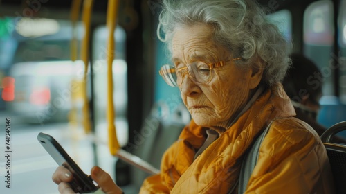 An aging woman gazes intently at her cell phone, the wrinkles on her face a testament to the years she's lived, standing on a busy street in her vibrant yellow clothing, a portrait of the ever-evolvi