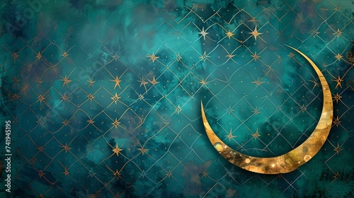 Golden crescent on a starry teal background. mystical night sky digital artwork. elegant celestial theme for design use. AI