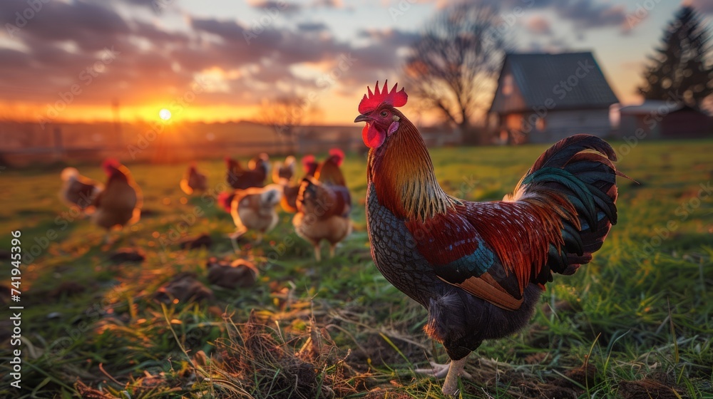 Hens and roosters in the field at sunset generative ai - obrazy, fototapety, plakaty 