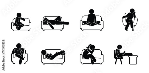 set of icons people breathing, stick figure man sitting in a chair