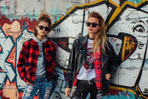 Two young women stand confidently in front of a colorful graffiti wall, their stylish outfits complementing the vibrant street art behind them