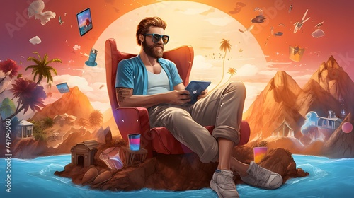 LeisureTech Harmony: Man Unwinds with Smartphone Amidst a Digital Oasis