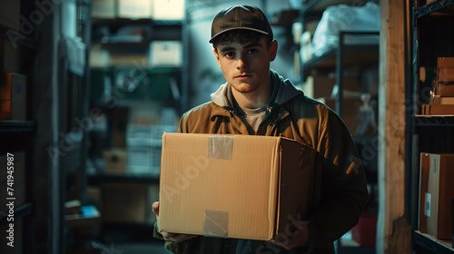 Young delivery man with package in a dark storeroom. focused worker in a cap carrying a box. everyday hero of logistics. simple, effective imagery for multiple uses. AI photo