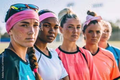 A diverse group of female athletes stand together in solidarity, showcasing unity, empowerment, and strength in their shared passion for sports