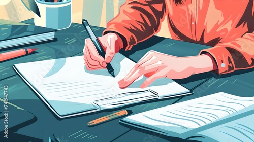 Illustration of person writing in notebook, artistic and modern style, perfect for educational content. AI