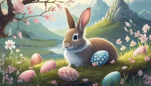 Carte de Pâques, petit lapin avec des oeufs décorés et un paysage en arrière-plan photo