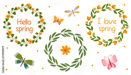 Set of vector spring illustration. Wreath with yellow flowers and green fresh branches, butterflies. Hello spring greeting card for easter and mother's day, design for textile, social media, banner