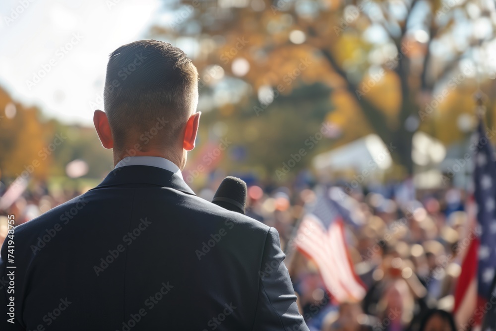 Male politician giving a speech to his followers during an outdoors political rally Male politician giving a speech to his followers during an outdoors political rally