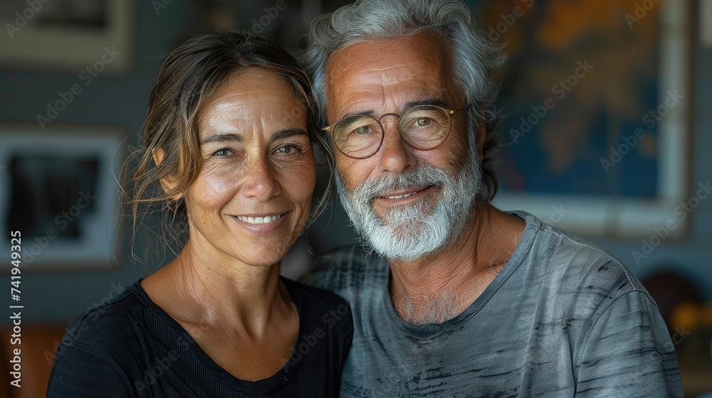 Mature couple with a content smile and casual style.