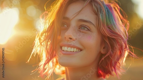 Radiant young woman with colorful hair in sunlight.
