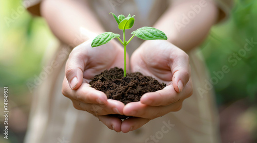 Close up of young female hands holding green seedling. Environmental care, gardening, sustainability concept.