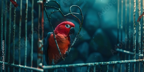 Fototapete Captivating red parrot perched in a metal cage, a symbol of captivity and beauty