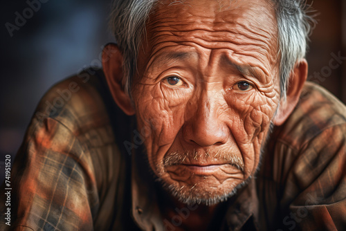 Closeup portrait of a elderly asian person. Old man with weary eyes. © Emre Akkoyun