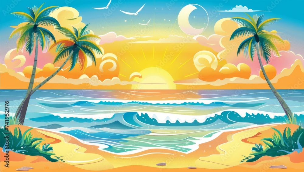 cartoon beautiful day time sunset beach sunrise with palm trees and waves Generative AI cartoon beautiful day time sunset beach sunrise with palm trees and waves Generative AI