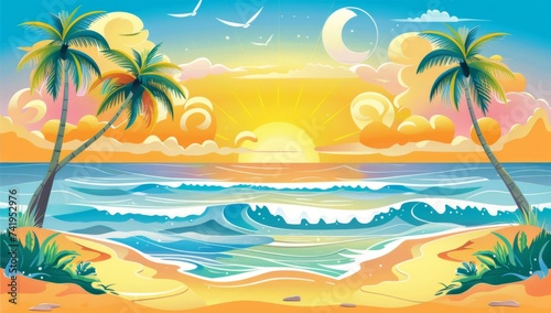 cartoon beautiful day time sunset beach sunrise with palm trees and waves Generative AI