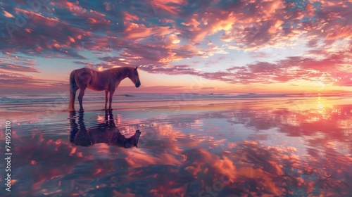 beautiful horse with a sunset behind him generative ai © ThisDesign