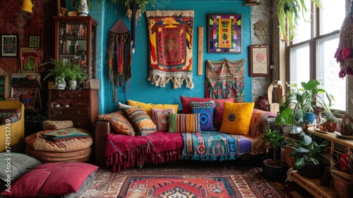 Cozy Bohemian Living Room with Vibrant Textiles and Lush Indoor Plants,eclectic mix of patterns, textures, and vibrant colors in a boho-chic interior © Anna