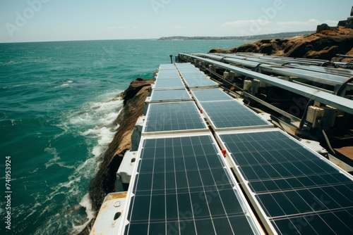 Big solar panels on the rugged and scenic seashore, harnessing renewable energy from the sun