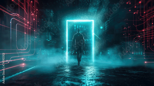 Futuristic portal like glowing door and man, strange traveler in dark tech space. Person walks at surreal corridor at night. Concept of travel, sci-fi, technology; science, future