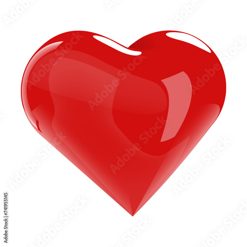 Realistic red plastic heart with reflections isolated on white background, vector plastic heart