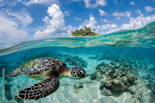 Hawaiian Green Sea Turtle (Chelonia mydas) swimming in the clear water at Maldives