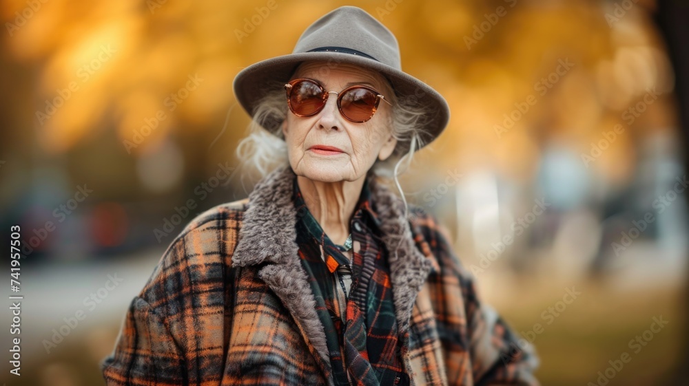 Elegant Senior Woman in Stylish Hat and Sunglasses with a Confident Gaze Elegant Senior Woman in Stylish Hat and Sunglasses with a Confident Gaze