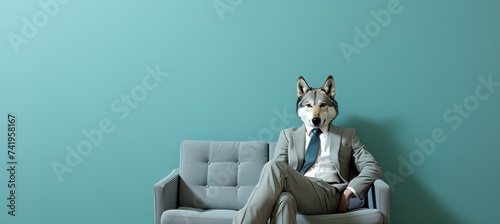 Anthropomorphic wolf in business suit working in office, studio shot with copy space on plain wall. photo
