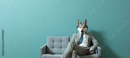 Anthropomorphic wolf in business suit working in office, studio shot with copy space on plain wall.