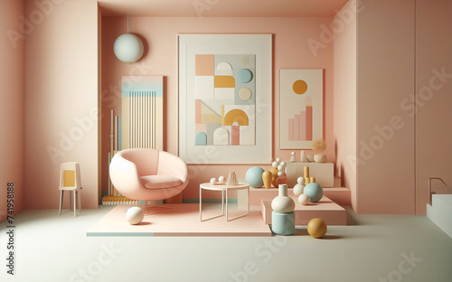 Room full of 3d abstract objects, pastel colors