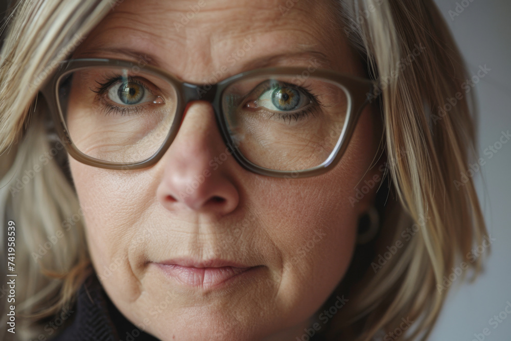Close-up of a woman with glasses looking at the camera.