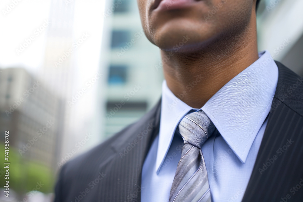 Close up of a businessman wearing a suit and necktie in the city