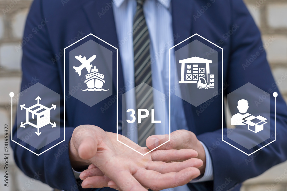 Business man using virtual interface sees abbreviation: 3PL. Third Party Logistics ( 3PL ) Business concept. Integrated warehousing and transportation operation service. - obrazy, fototapety, plakaty 