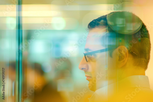Double exposure of business man in modern office with cityscape background. 