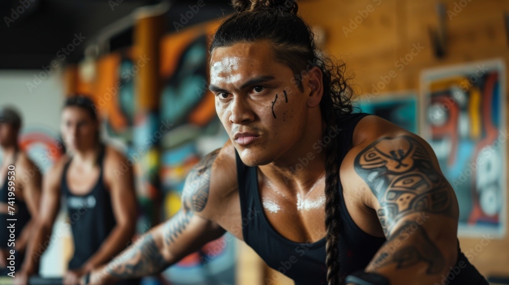 A fierce and determined bodybuilder, his face adorned with bold tattoos, flexes his muscular frame in a sleeveless shirt, showcasing his dedication to physical fitness