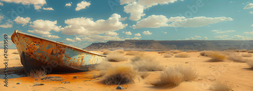Barco oxidado abandonado en un desierto arenoso bajo un cielo nublado