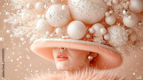 Pale peach fur lady's hat decorated with white christmas decorations and balls. The four seasons concept. Winter.