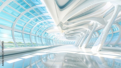 Abstract interior of a modern building featuring futuristic structural design. Innovative and minimalist architecture with curves and light in a contemporary space.