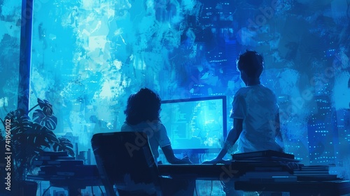 Two programmers collaborating in a futuristic digital workspace. Abstract digital art of programmers coding by night with neon city lights.