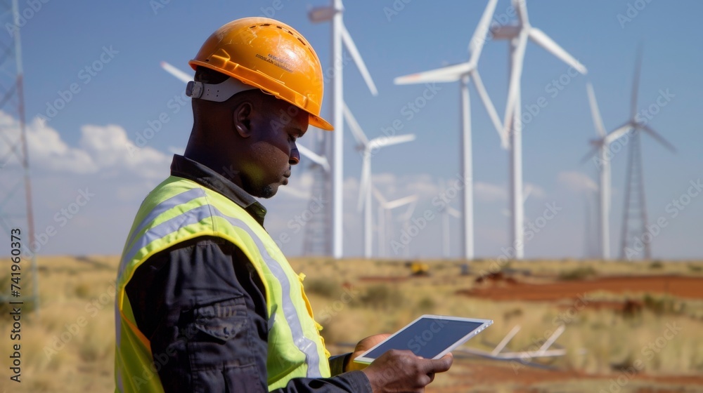 A rugged engineer in high-visibility workwear stands proudly against the vast blue sky, tablet in hand, ready to conquer the windmill project ahead