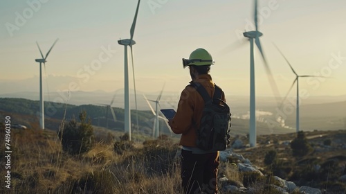 A rugged worker surveys the vast, wind-swept landscape, his hard hat and tablet in hand, overseeing the majestic wind turbines that power the rolling hills and towering mountains in the distance © ChaoticMind