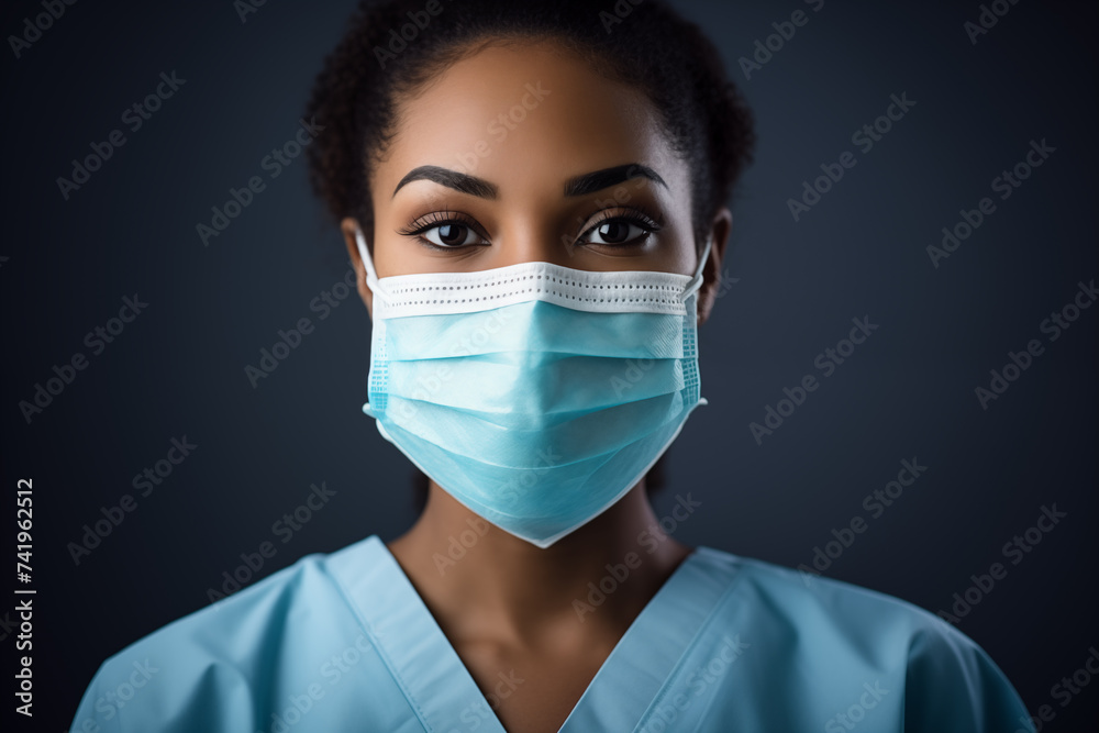 Portrait of African American nurse in medical mask on dark background Portrait of African American nurse in medical mask on dark background