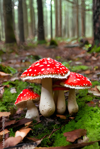 Fly agaric mushrooms in the forest