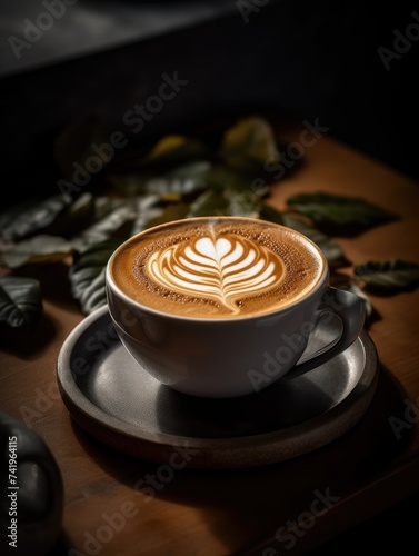 Cup of coffee with latte art on a wooden table.