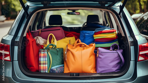 car trunk full of colorful shopping bags  generative ai