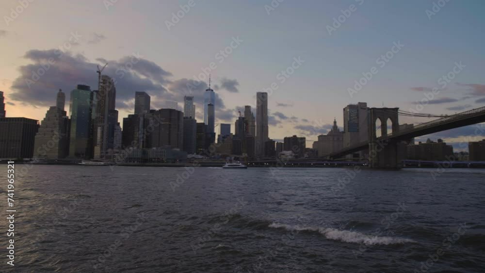 Gimbal shot of lower Manhattan at sunset from Brooklyn Gimbal shot of lower Manhattan at sunset from Brooklyn