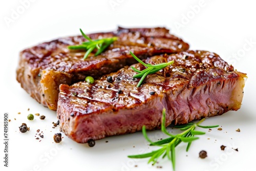 Grilled beef steak with rosemary isolated a white background, BBQ concept